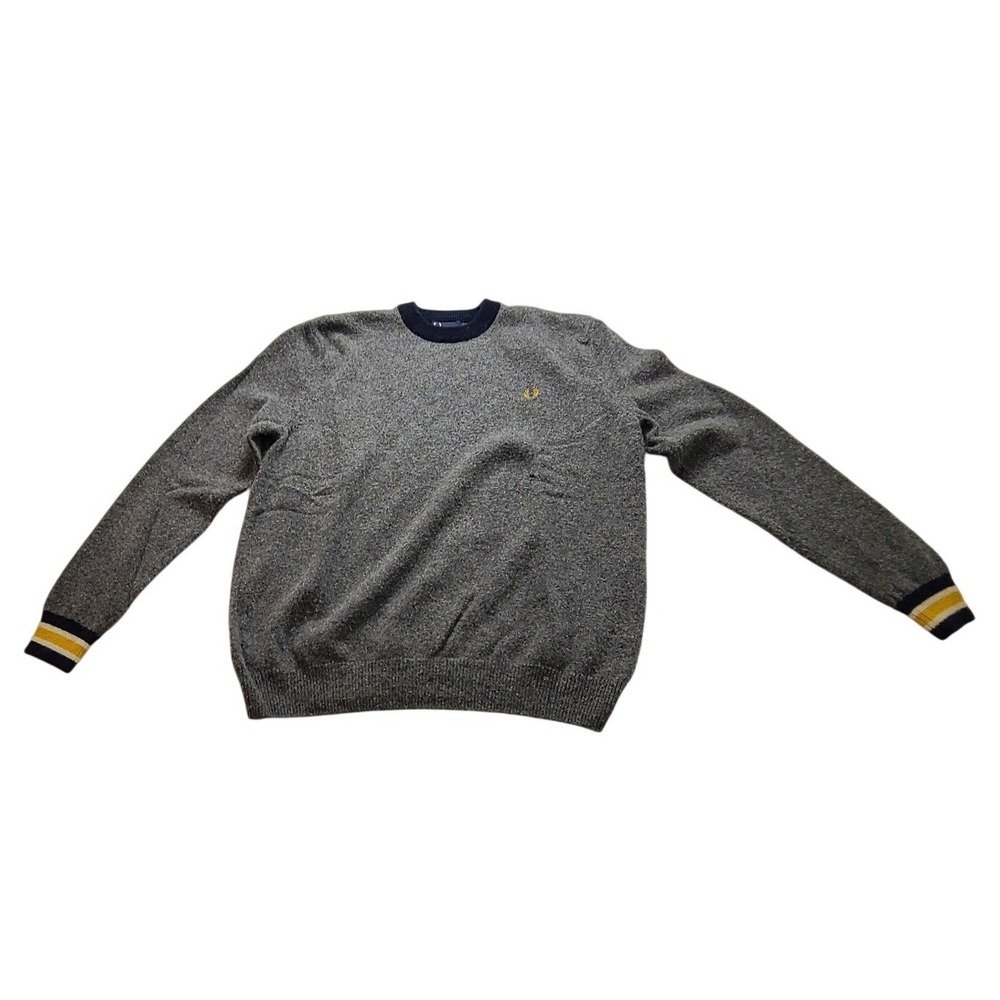 Fred Perry Men's XXL Crewneck Sweater Heather Grey Striped Cuffs Laurel Wreath